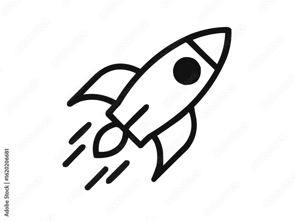 Poster a simple line drawing of a rocket ship launching upwards with visible flames and a round window desi