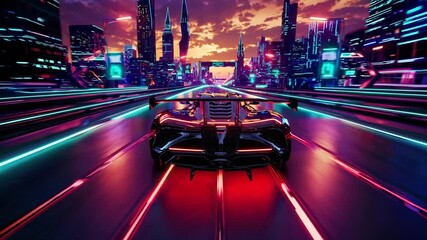 Dynamic night race through a vibrant cyberpunk city with neon lights and futuristic supercars - Powered by Adobe