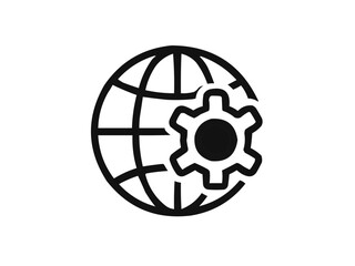 Illustration of a globe with meridians and parallels and a gear overlaying the earth outline