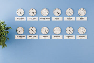 Different clocks with different timezones and cities on a wall. Editorial office of a newspaper concept. Worldwide cooperation and teamwork concept.