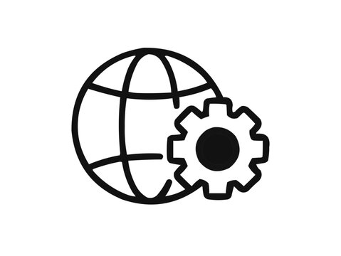 Illustration of a globe with meridians and parallels next to a gear or cogwheel in black and white