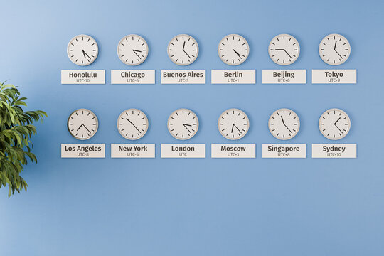 Different clocks with different timezones and cities on a wall. Editorial office of a newspaper concept. Worldwide cooperation and teamwork concept.