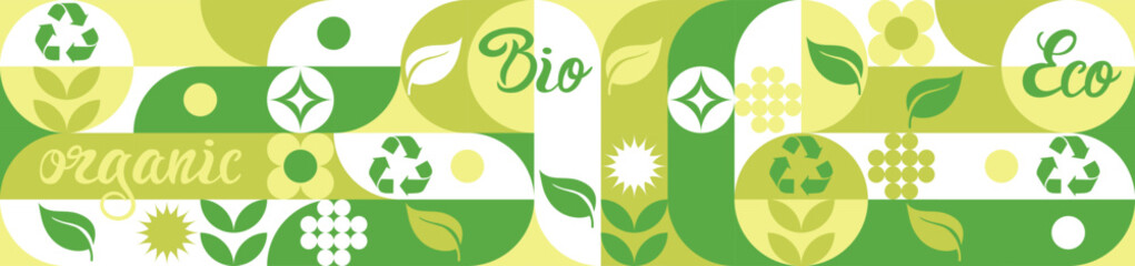 Bio template for ecological social projects, seamless pattern for eco packaging with green flowers. Natural style banner, mosaic of geometric white shapes.