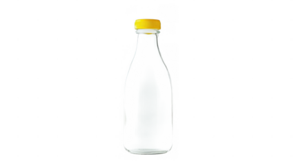 A clear glass bottle with a yellow cap is displayed against a plain background, showcasing its sleek design