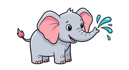 Naklejka premium Cute cartoon elephant illustration. Smiling baby elephant spraying water with its trunk, featuring large pink ears and playful expression. Children's animal character concept. Vector graphic.