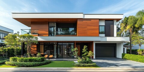 Modern luxury minimalist cubic house, villa with wooden cladding and white walls, surrounded by landscaping design in the front yard. Residential architecture exterior, Generative AI