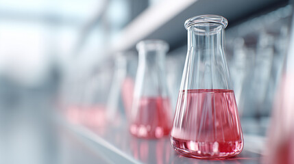Row of laboratory flasks filled with pink liquid stands on a reflective surface in a modern scientific lab.