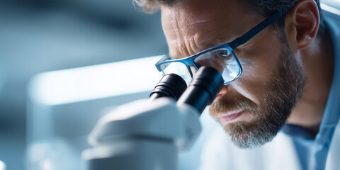 Male scientist with glasses closely examines samples through a microscope in a modern laboratory.