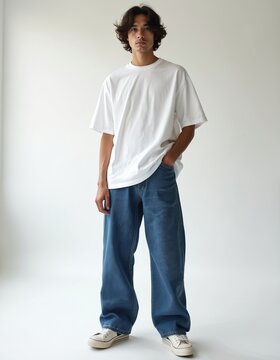 Male model poses in oversized white t-shirt, baggy wide-leg denim jeans in clean white studio. Full body shot modern streetwear fashion. Casual attire, styling emphasize relaxed comfort, urban style.
