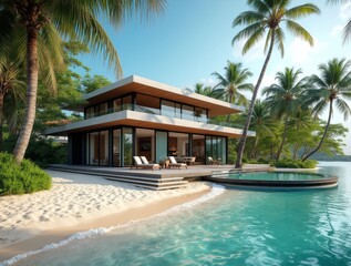 Fototapeta premium modern_villa_on_a_tropical_sand_beach_among_palm_trees