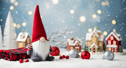 Jolly Santa Claus with gifts under a decorated Christmas tree in a winter wonderland snow scene