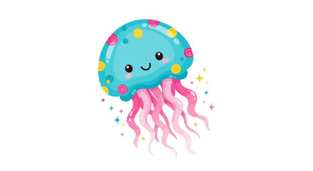 Cute jellyfish illustration set. Smiling jellyfish character with colorful round spots, pink tentacles, and sparkles on white background. Marine life and underwater theme. Vector art.