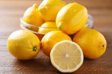 bright yellow lemons with water droplets on a wooden surface