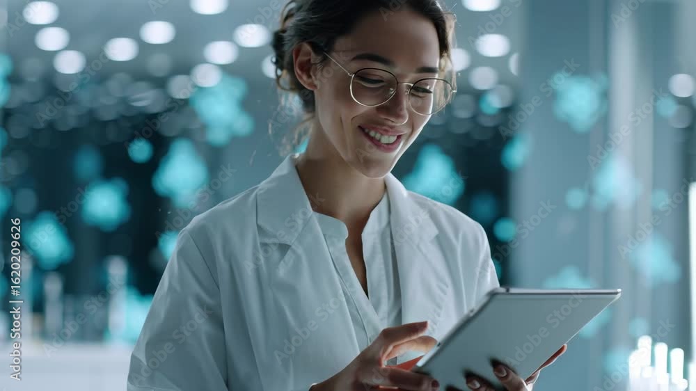 Poster chemist working in laboratory environment, analyzing data on tablet while wearing a lab coat and gla