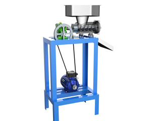 Industrial Electric Meat Grinder Sausage Maker Food Mincer 3D Render. Professional, high-resolution commercial meat processing machine with blue frame and orange trays on transparent PNG background.