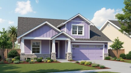 Fototapeta premium pastel_purple_suburban_house_front_sunny_sky