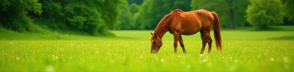 Obraz premium Chestnut horse peacefully grazing in lush green pasture , horse, summer