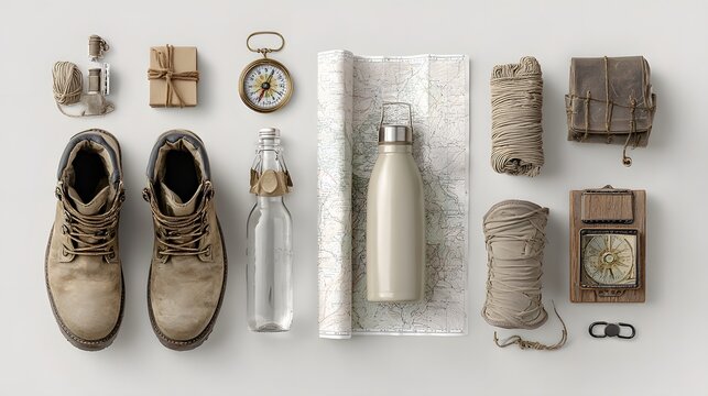 Studio flat lay of desert survival gear including compass map water bottle boots arranged on a white backdrop perfect for adventure blog illustrations travel guides and expedition product visuals