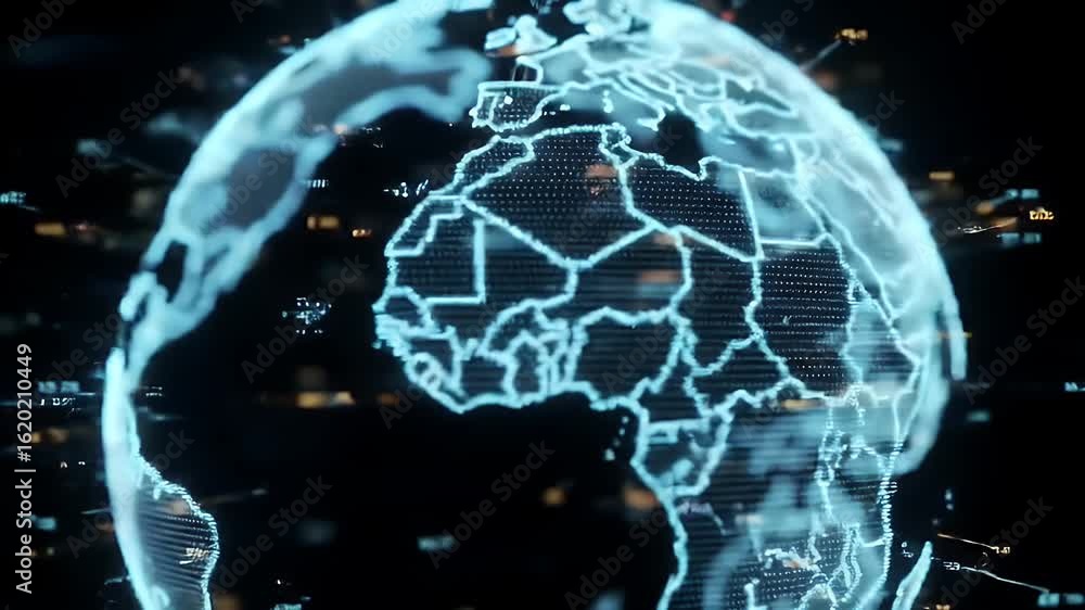 Poster digital planet earth glowing with network data