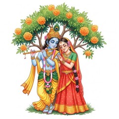 Fototapeta premium Radha Krishna under a fruit tree, symbolizing divine love and abundance in nature.