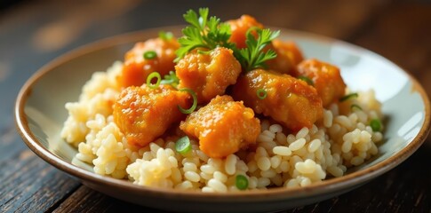 Crispy orange chicken pieces atop fluffy fried rice , crunchy, sour, rice