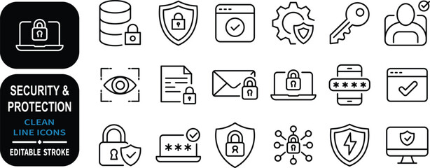 Modern security and protection line icons for digital safety and privacy