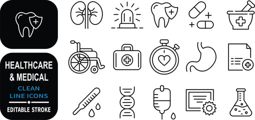 Minimalistic medical and healthcare icons clean line art editable stroke