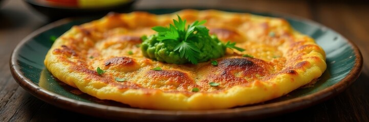 Crispy uttapam with golden brown onion and vibrant green chutney, breakfast, uttapam