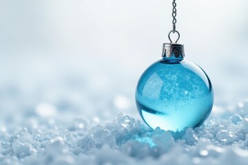 Dainty blue glass sphere hanging from a slender metal chain amidst soft white background and glittering ice crystals, frozen sphere, white decoration, icy globe