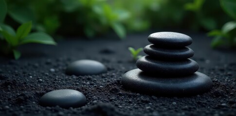 Dark sand zen garden with serene black stones, water droplets, landscape