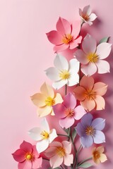 Delicate paper flowers, various pastel shades, clustered on soft pink backdrop, colorful, illustration, vintage