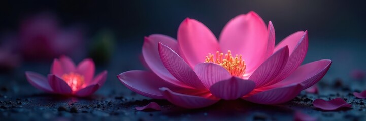 Delicate flower petals glow softly in darkness, starry night sky, soft focus, natural scenery