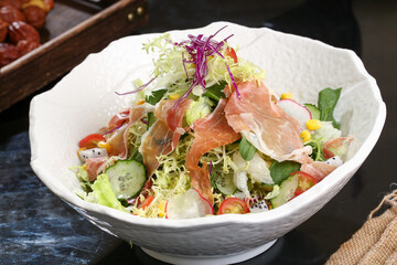Chinese cuisine, Cantonese cuisine, salmon vegetable salad