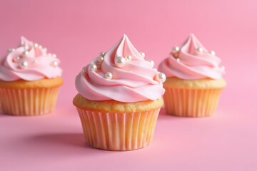 Delicate pink frosted cupcakes, adorned with pearls, on a pink background , cupcake, cake, sprinkles