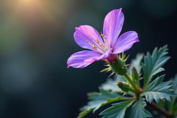 delicate purple flower with spiky leaves on a branch, twig branch, unique plant species, whimsical garden scenes