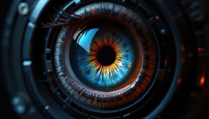 Close-up of futuristic cybernetic eye resembling camera lens. Vivid blue, orange, yellow iris with reflective pupil, concentric mechanical rings show intricate detail. Advanced technology, AI