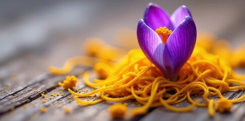 Dried saffron threads scattered around a lone purple crocus bulb, nature, crocus, flowers