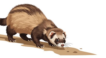 Wildlife animal illustration. Realistic depiction of a European polecat sniffing the ground for scent trails on a white background. Natural behavior concept. Vector artwork.