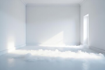Empty white room, ethereal fog pools on floor, fog, diffuse