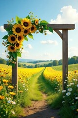 Elegant rustic wooden arch adorned with sunflowers, daisies & greenery overlooks a sun-drenched countryside field , rustic arch, flowers