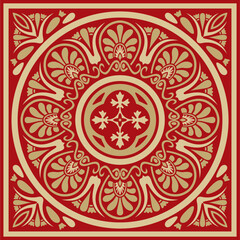 Vector gold with red classic Greek square ornament. Rectangle of Ancient Greece and Roman Empire. Byzantine painting of walls, floors and ceilings. Decoration of European palaces.
