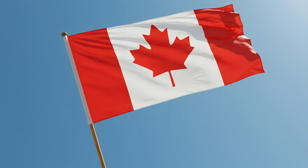 Vibrant Canadian Flag Waving Against Clear Blue Sky, Symbolizing National Pride and Identity