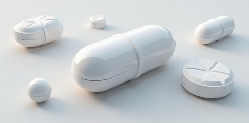 White oblong pill, various perspectives showcasing shape and texture, shape, remedy, pharmaceutical industry