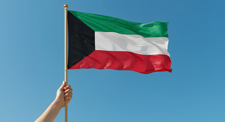 Kuwait Flag Waving Proudly Against Clear Blue Sky
