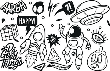 Comic Doodle Set – Happy, Expression, Rocket, Alien, Boom, Emotions, Explosion, Wow, Icon, Vector, Cartoon, Hand-Drawn, Bold, Pop Art