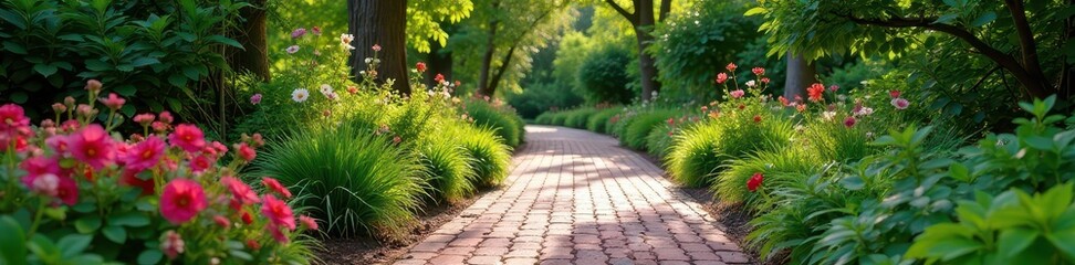 Fototapeta premium Brick pathway leading to a serene garden oasis, landscape, nature