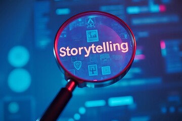 Magnifier focuses on the word storytelling. Focusing, finding or analyzing business strategy concept in blue and pink cinematic style with copy space