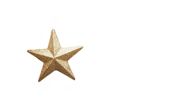 A shiny gold star with a textured surface stands out against a plain white backdrop, perfect for festive decor