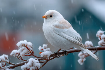 Fototapeta premium Shima Enaga, Japan snow fairy bird perched on snow covered branch during snowfall