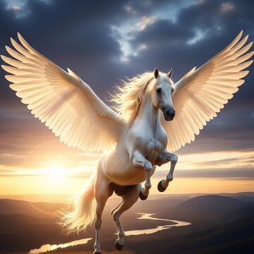 white horse in the sunset